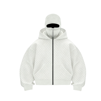 White Full-Zip Hoodie with Minimalist Grey Polka Dot Print