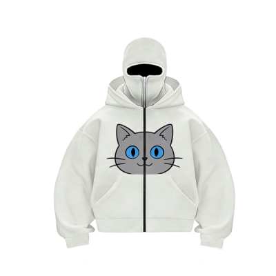 Cute Grey Cat Face Print Full-Zip Hoodie