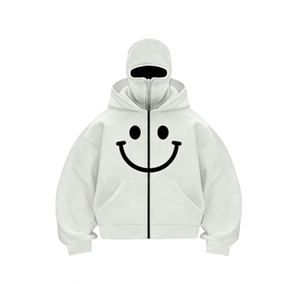 Simple Black Smiley Face Print Full-Zip Hoodie