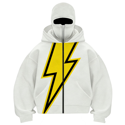 White Full-Zip Hoodie with Bold Yellow Lightning Bolt Print