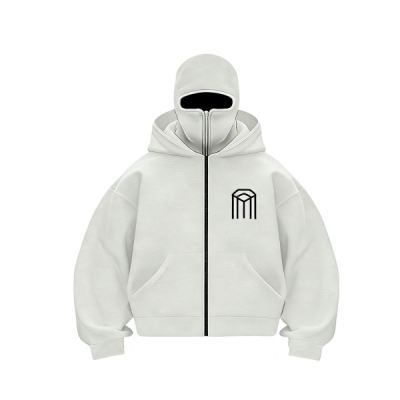 Modern Black Geometric Logo Print White Full-Zip Hoodie